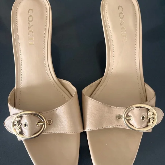 Coach Nude Leather Slide Sandals with Gold Buckle - Picture 1 of 3